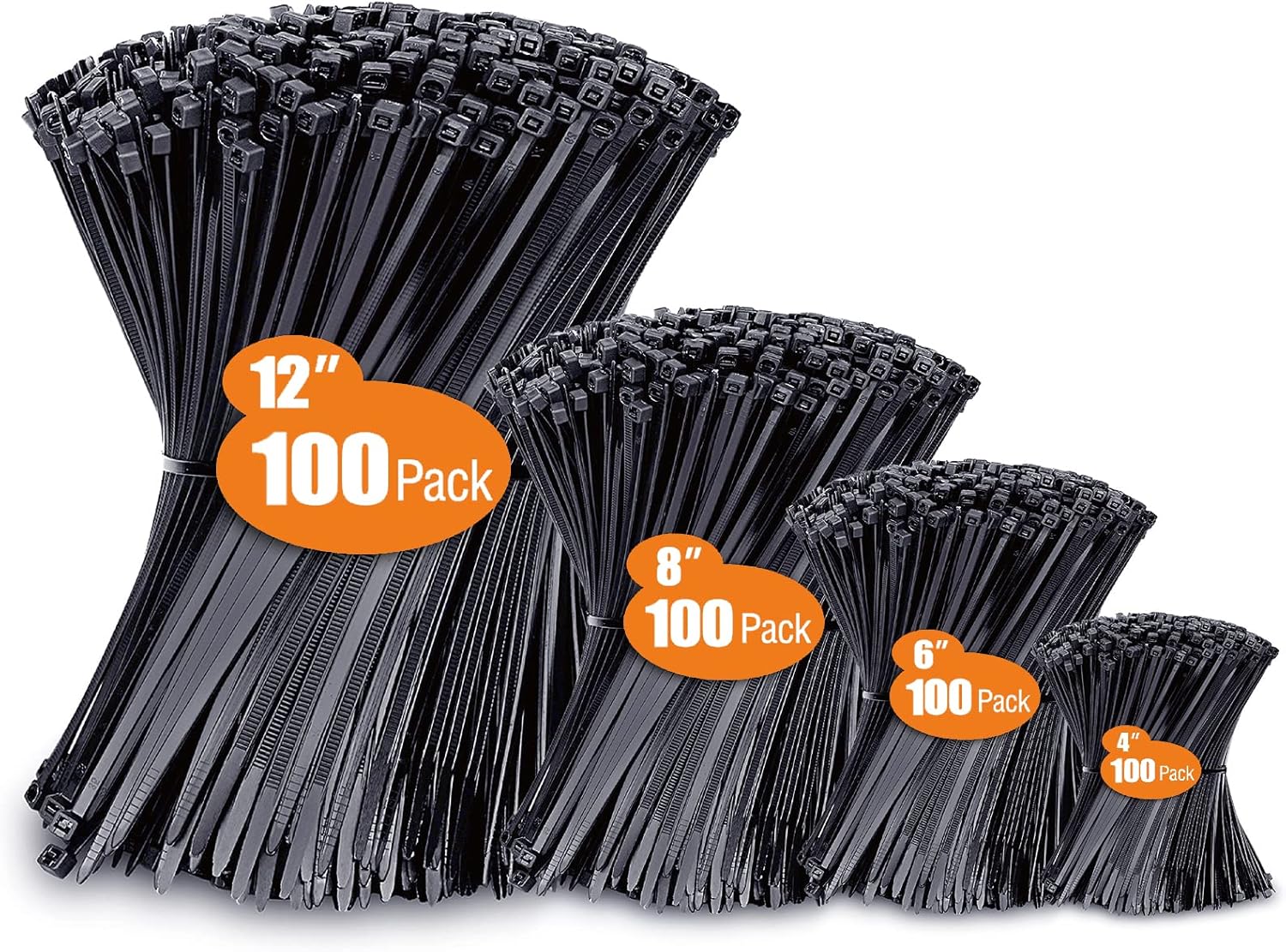 Zip Ties Assorted Sizes (4″ + 6″ + 8″ + 12″), 400 Pack, Black Cable Ties, UV Resistant Wire Ties by ANOSON