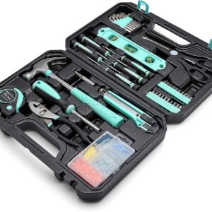 Amazon Basics 142-Piece Home Tool Kit with Storage Case – Turquoise, Portable and Compact (13.39 x 9.25 x 2.95 inches)
