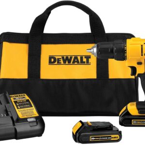 Compact 20 V MAX * drill/driver kit with high-performance motor (300 UWO), two speed transmission (0-450 & 0-1,500 RPM) and includes two 20 V batteries, charger and contractor bag.